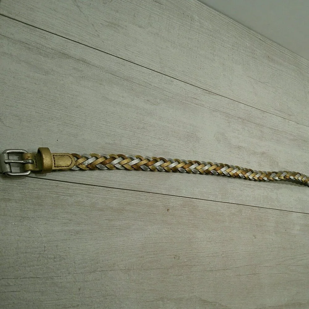 Beautifully Braided Leather Metallic Belt with Silver Belt Buckle Size L | Large